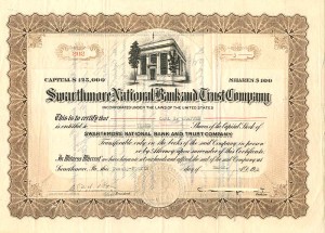 Swarthmore National Bank and Trust Co. - Stock Certificate